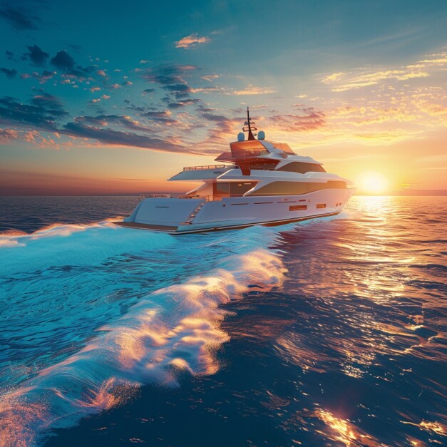 Free midjourney prompt luxury party yatch on the ocean blue sky and sun