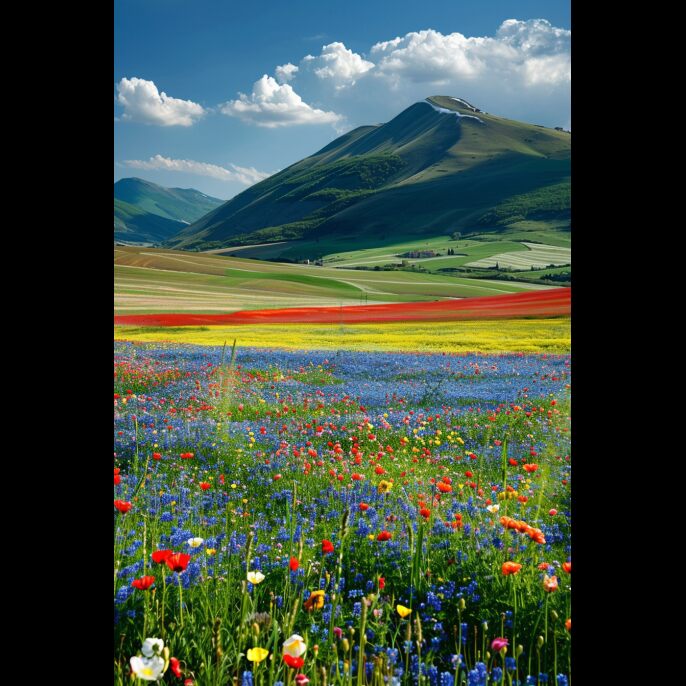 free midjourney prompt Castellucio blue red yellow green flower field