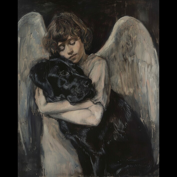 free midjourney prompt angel hugging a labrador alexandre benois style